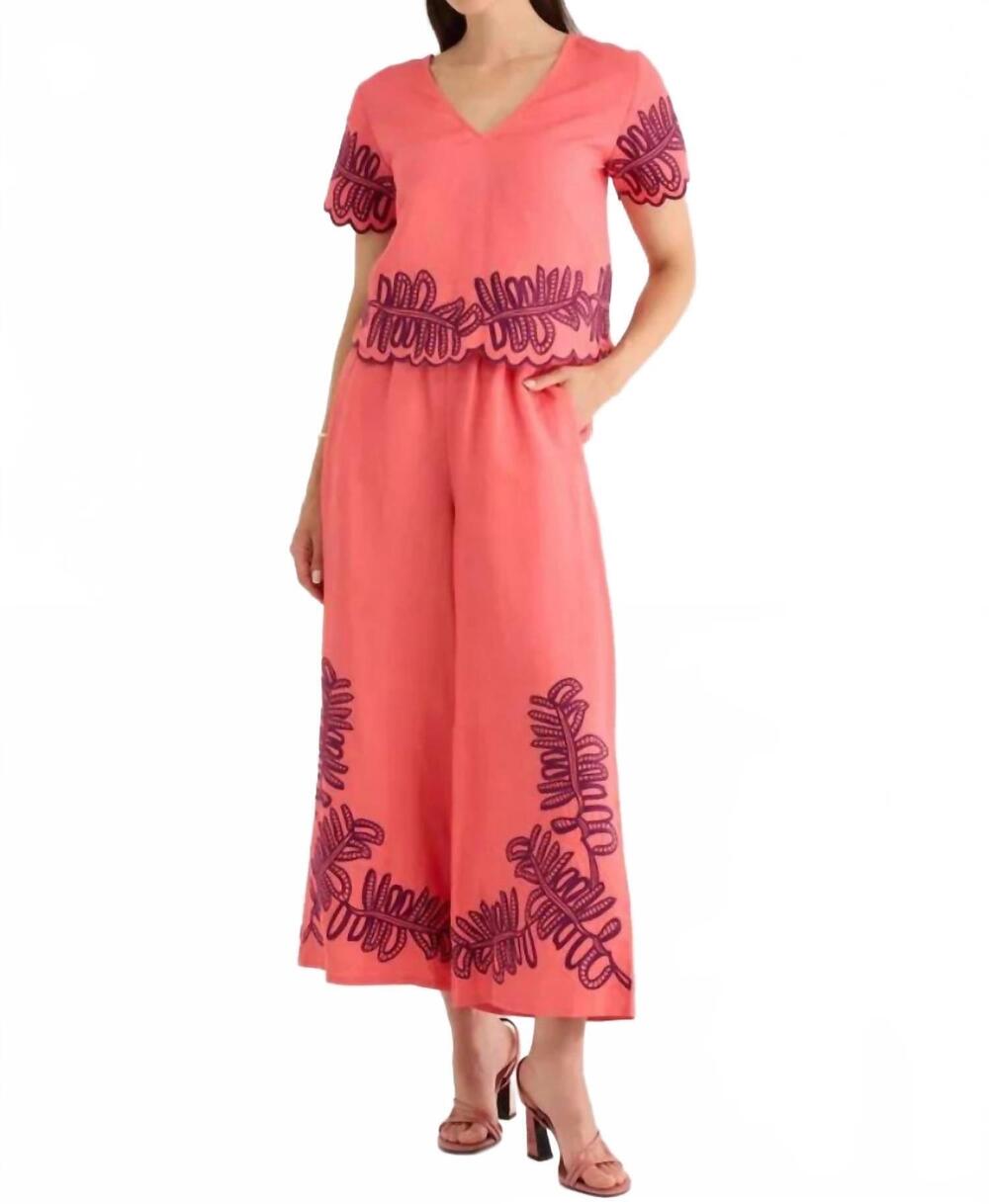 NEW ALIVIA palm embroidered top in coral